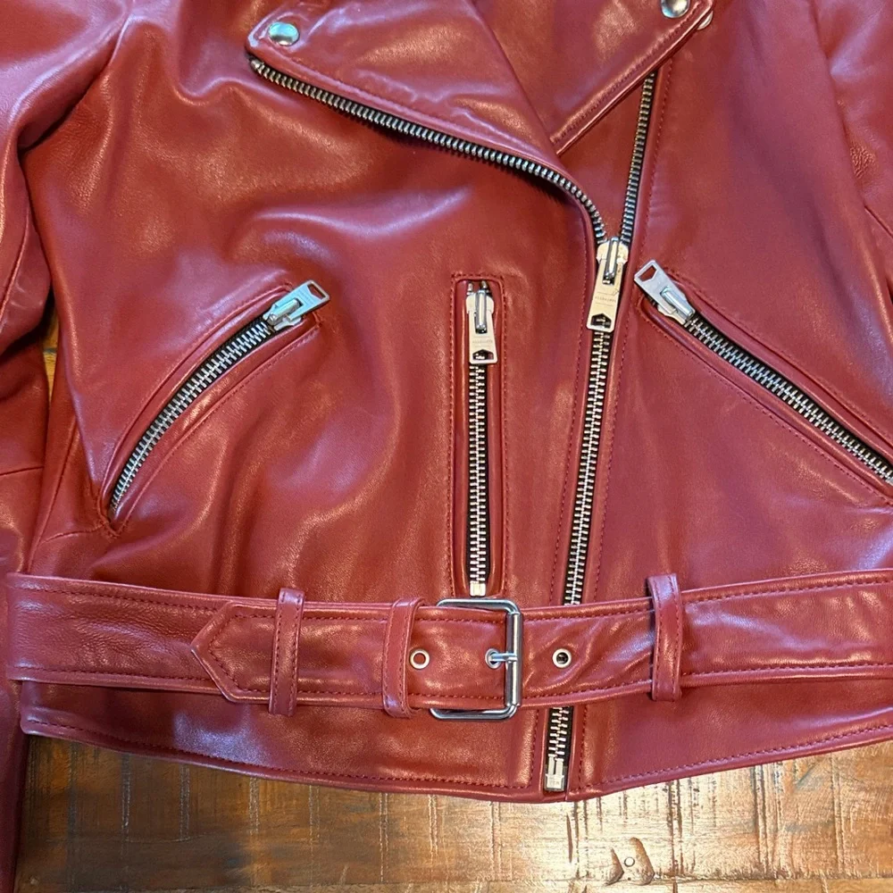 All Saints Dark-Cherry Leather Balfern Biker Jacket (size- US:6, EU:38, UK:10) - Picture 4 of 14